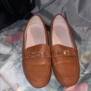 Women’s Tan Leather-Look Loafers with Gold Accent